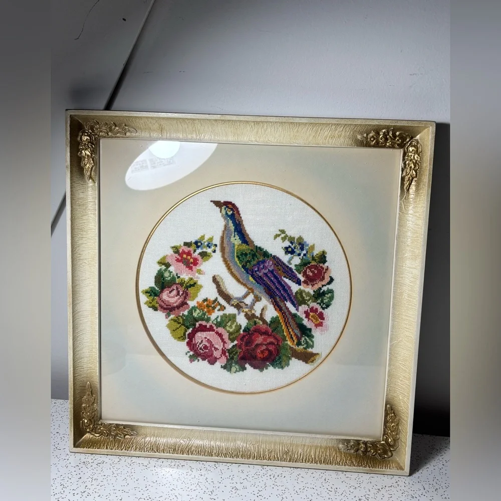 Pair of wood framed colourful bird cross stitch art pieces - Picture 6 of 12